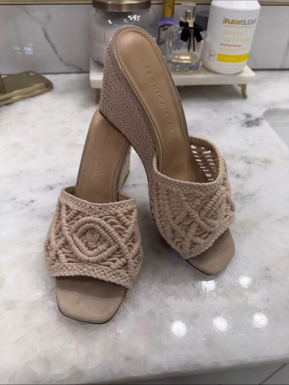 Veronica Beard Woven Macramé Slide Wedge in Beige